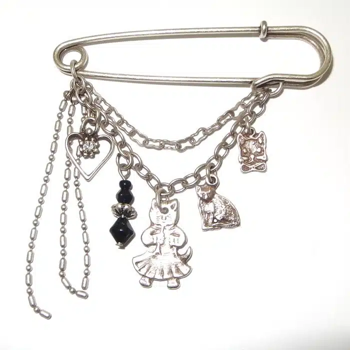 Safety Pin Brooch With Cat Charms Cat brooch pin