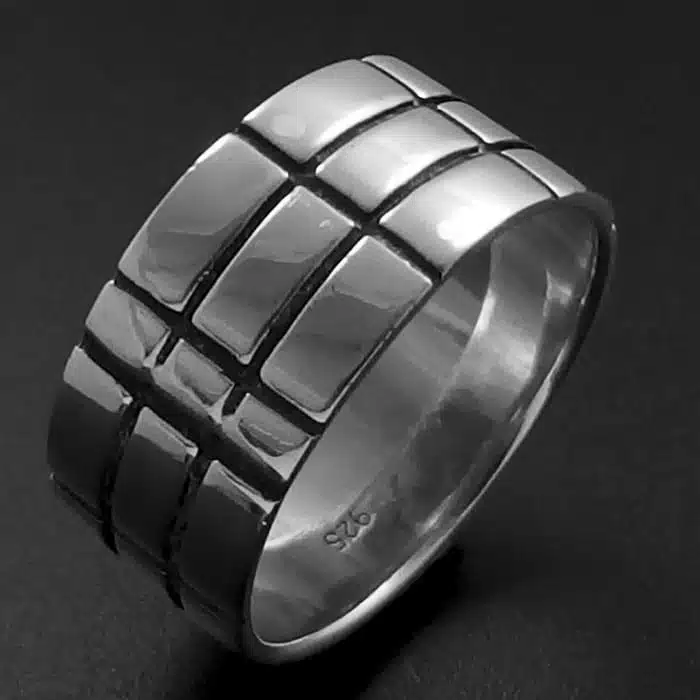 Flat Silver Band Ring Checker Pattern Man Wide Band Ring NZ